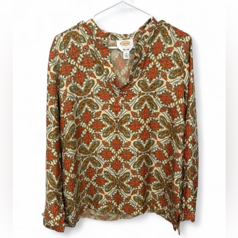 Women's Talbots‎ Pure Silk Geometric Paisley Tunic Blouse Size 12 V Neck Elegant